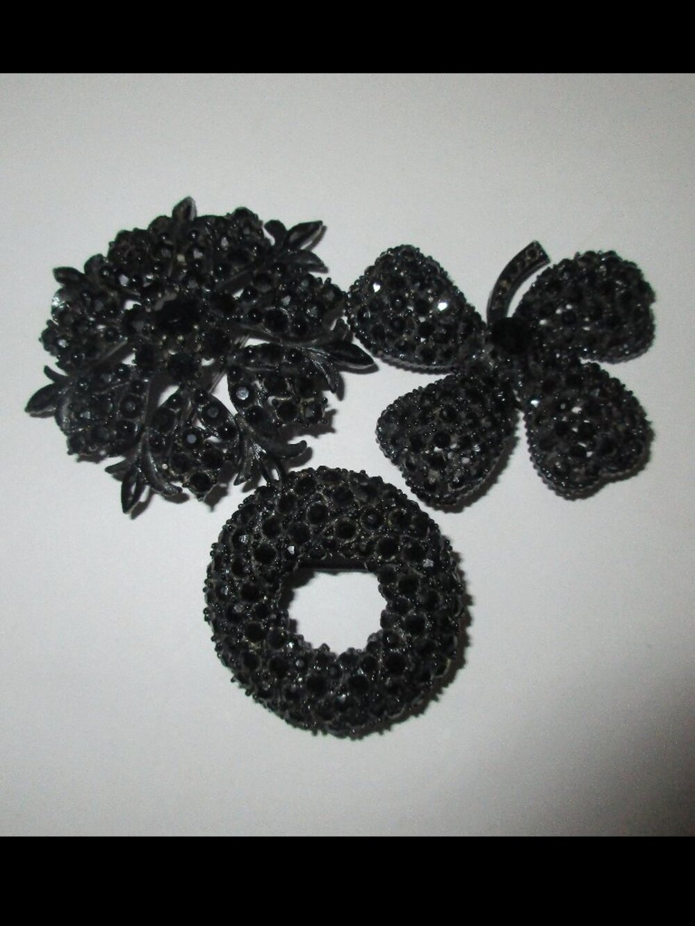 3 Vintage Mid-Century Jet Black Rhinestone Brooches Set Japanned Metal